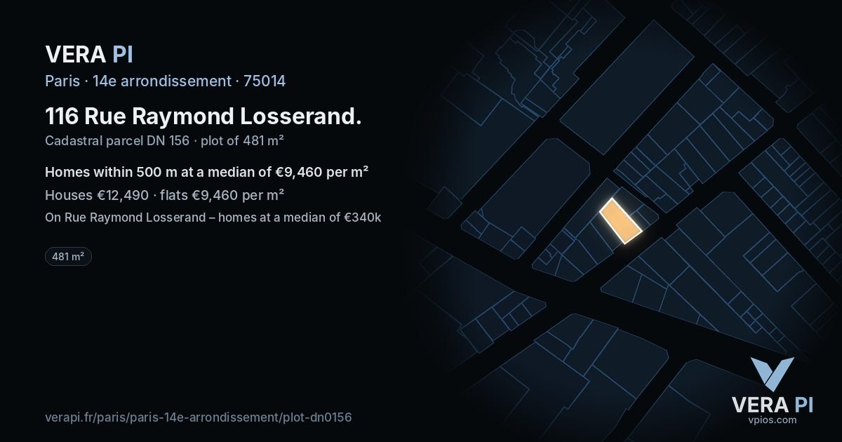 116 Rue Raymond Losserand, 14e arrondissement at night – the plot lit, the parcels around coloured by the prices near them