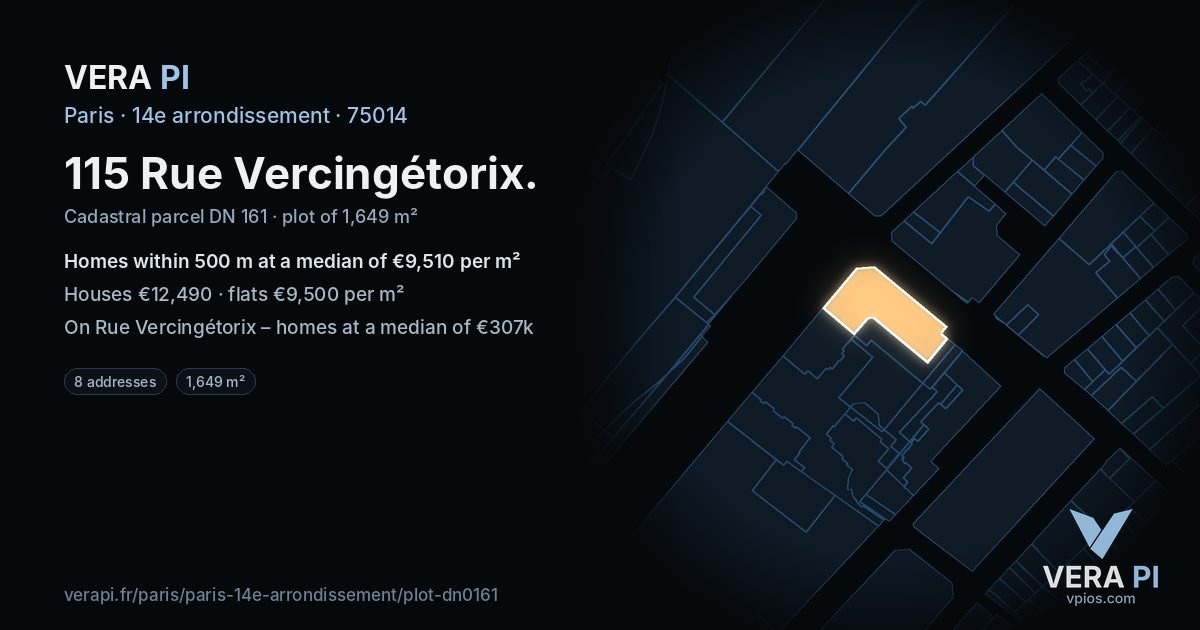 115 Rue Vercingétorix, 14e arrondissement at night – the plot lit, the parcels around coloured by the prices near them