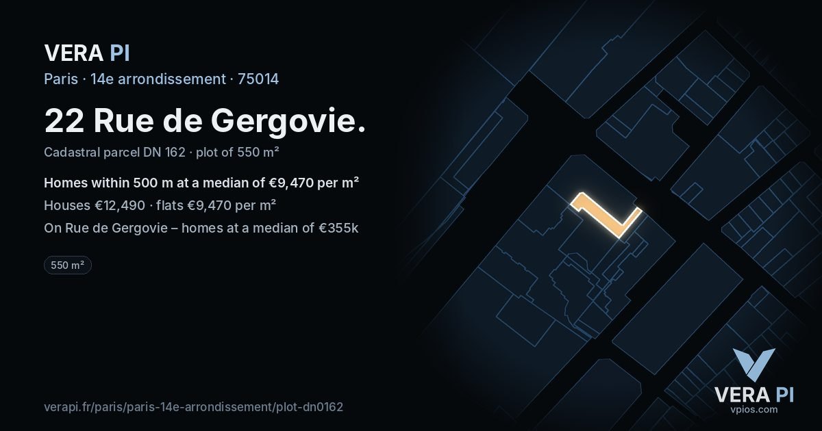 22 Rue de Gergovie, 14e arrondissement at night – the plot lit, the parcels around coloured by the prices near them