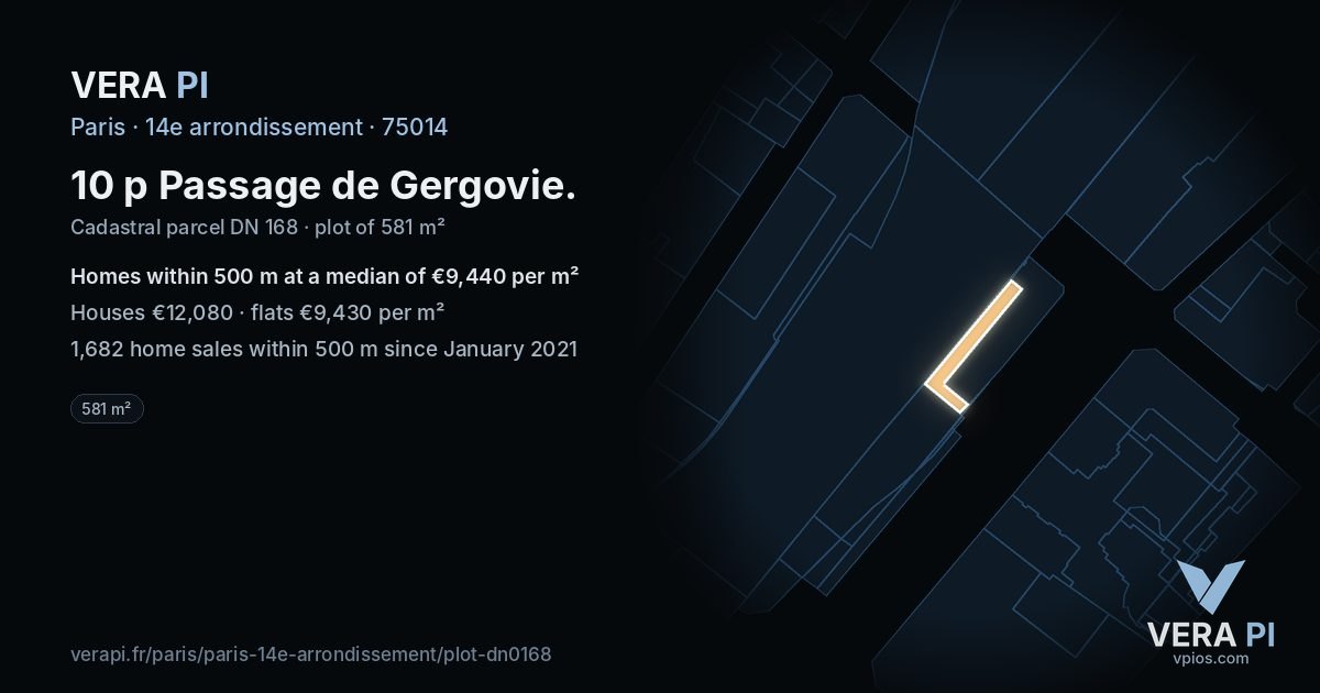 10 p Passage de Gergovie, 14e arrondissement at night – the plot lit, the parcels around coloured by the prices near them