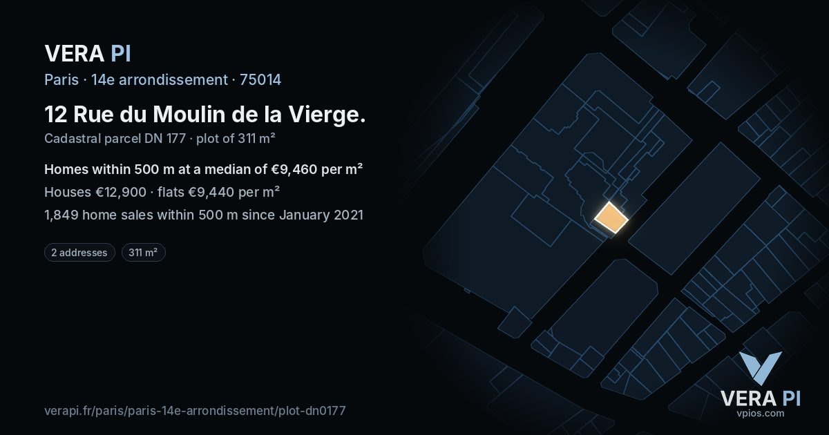 12 Rue du Moulin de la Vierge, 14e arrondissement at night – the plot lit, the parcels around coloured by the prices near them