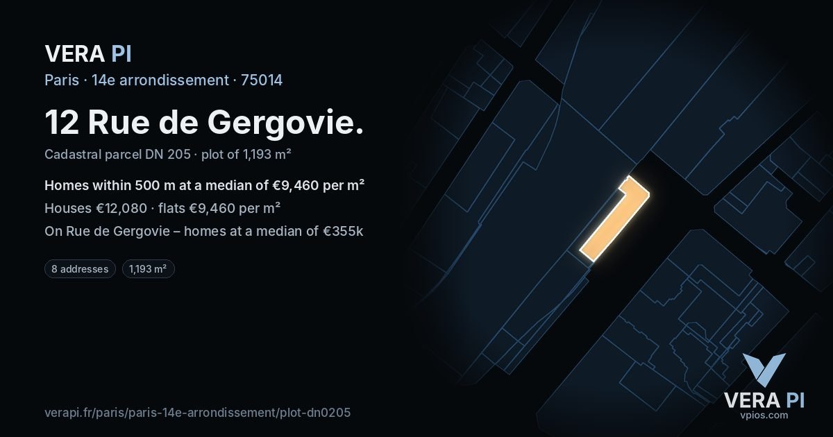 12 Rue de Gergovie, 14e arrondissement at night – the plot lit, the parcels around coloured by the prices near them