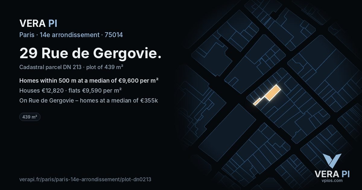 29 Rue de Gergovie, 14e arrondissement at night – the plot lit, the parcels around coloured by the prices near them