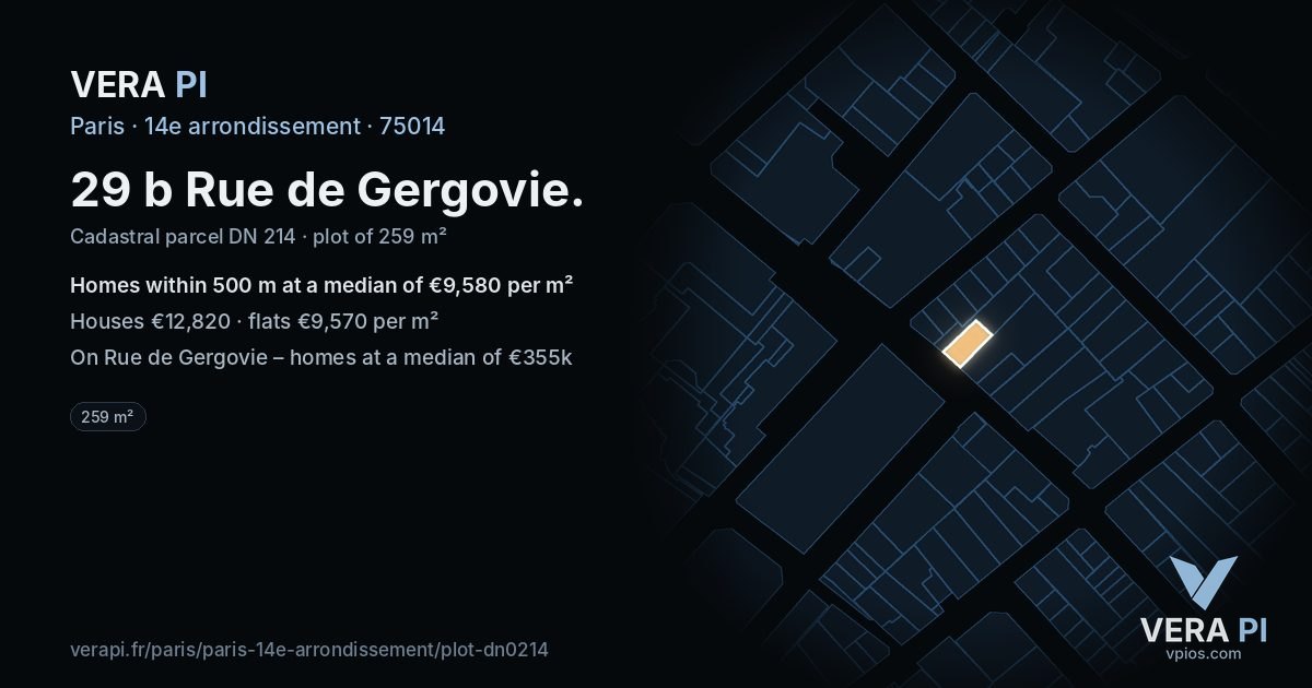 29 b Rue de Gergovie, 14e arrondissement at night – the plot lit, the parcels around coloured by the prices near them