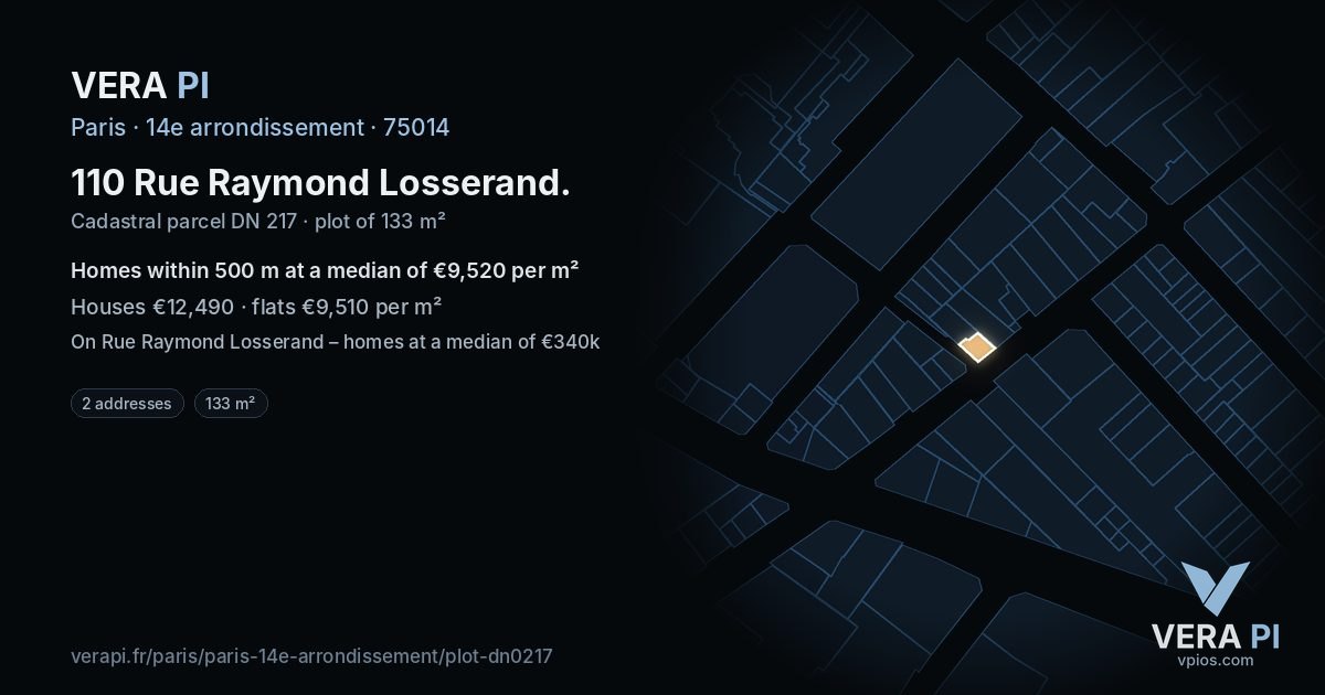 110 Rue Raymond Losserand, 14e arrondissement at night – the plot lit, the parcels around coloured by the prices near them