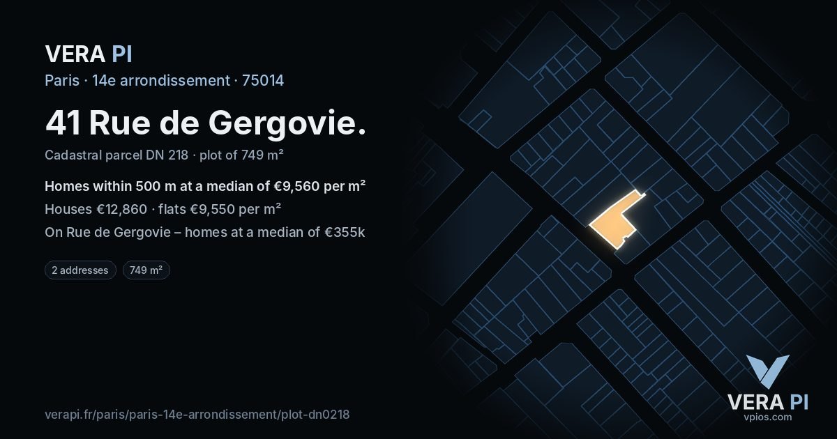 41 Rue de Gergovie, 14e arrondissement at night – the plot lit, the parcels around coloured by the prices near them