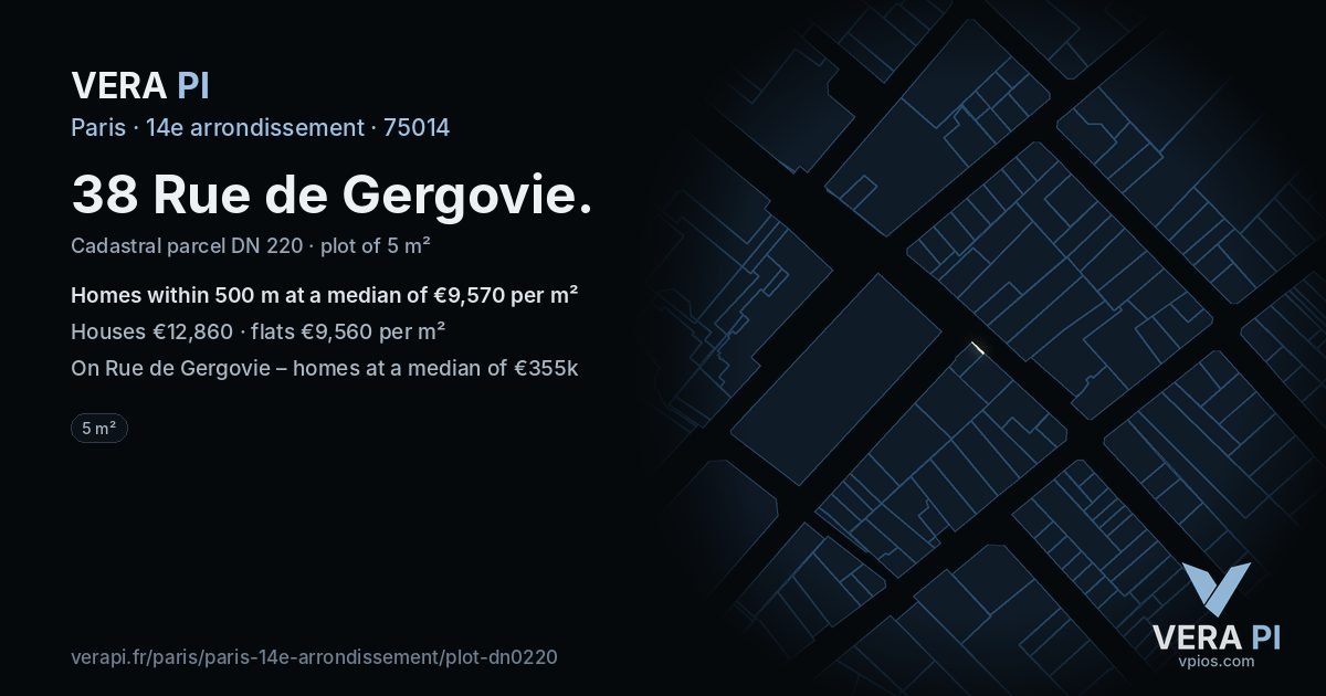 38 Rue de Gergovie, 14e arrondissement at night – the plot lit, the parcels around coloured by the prices near them