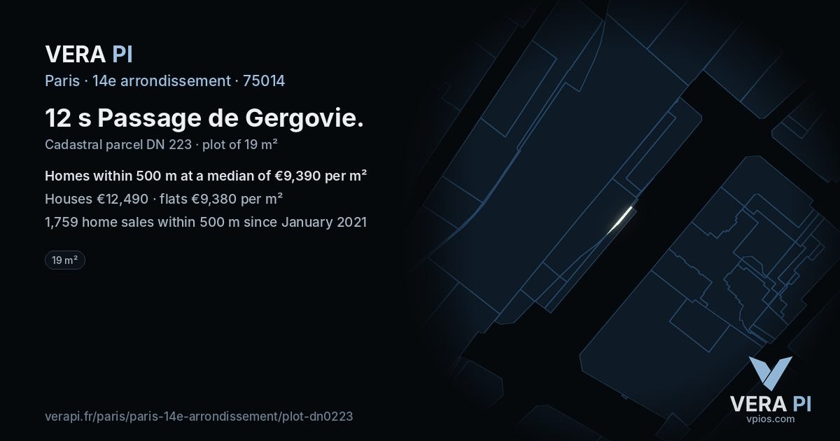 12 s Passage de Gergovie, 14e arrondissement at night – the plot lit, the parcels around coloured by the prices near them