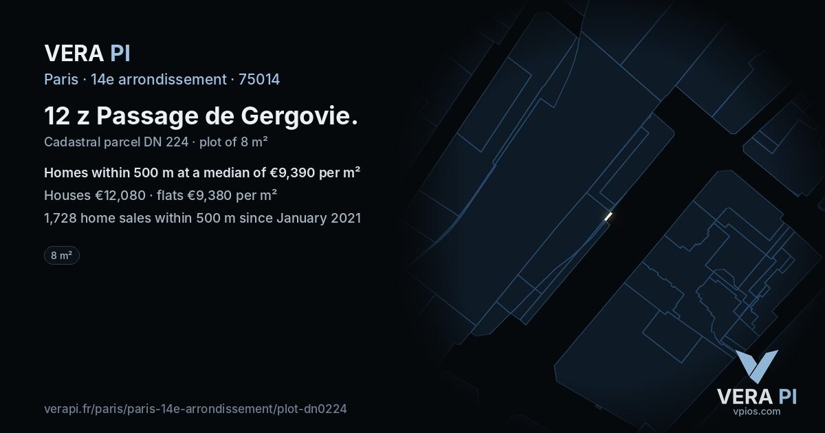 12 z Passage de Gergovie, 14e arrondissement at night – the plot lit, the parcels around coloured by the prices near them