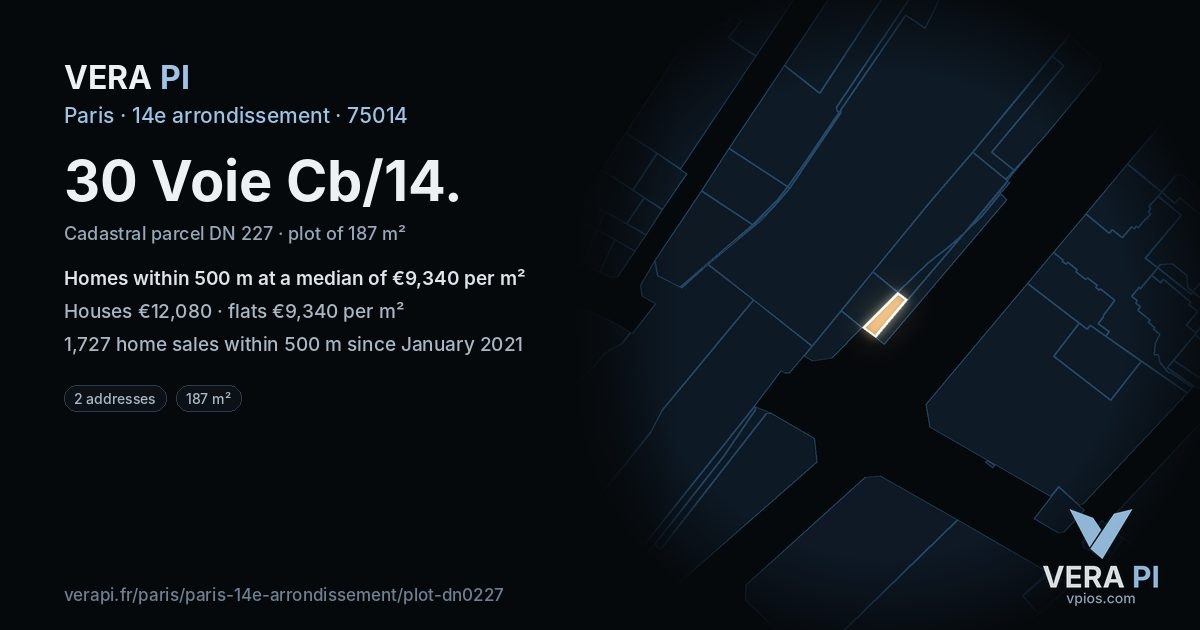 30 Voie Cb/14, 14e arrondissement at night – the plot lit, the parcels around coloured by the prices near them