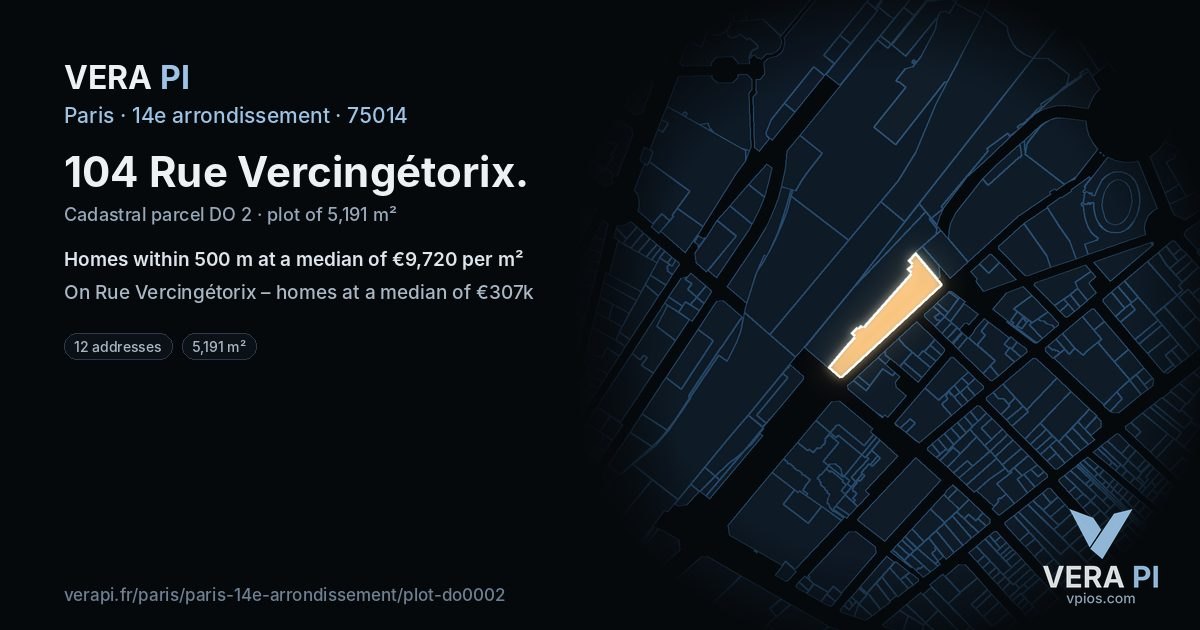 104 Rue Vercingétorix, 14e arrondissement at night – the plot lit, the parcels around coloured by the prices near them