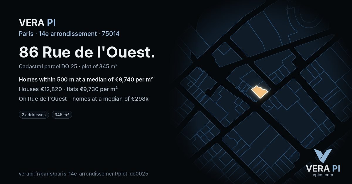 86 Rue de l'Ouest, 14e arrondissement at night – the plot lit, the parcels around coloured by the prices near them