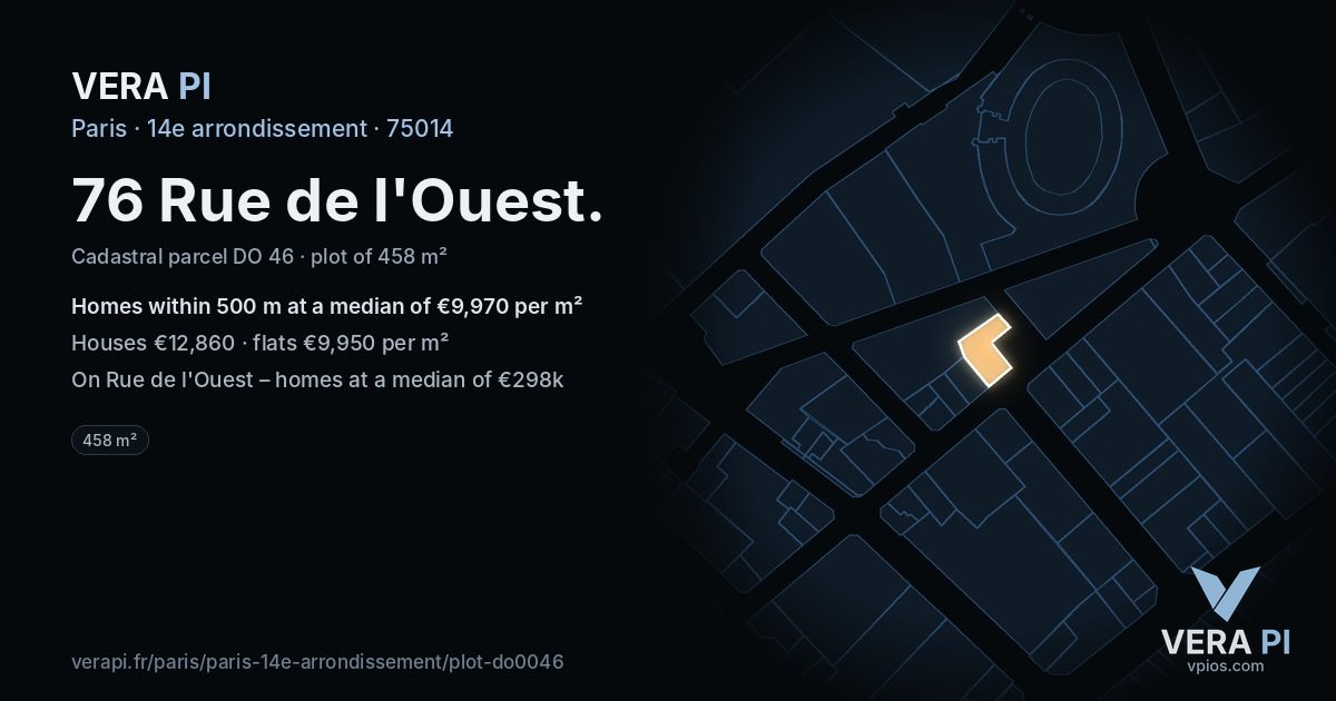 76 Rue de l'Ouest, 14e arrondissement at night – the plot lit, the parcels around coloured by the prices near them