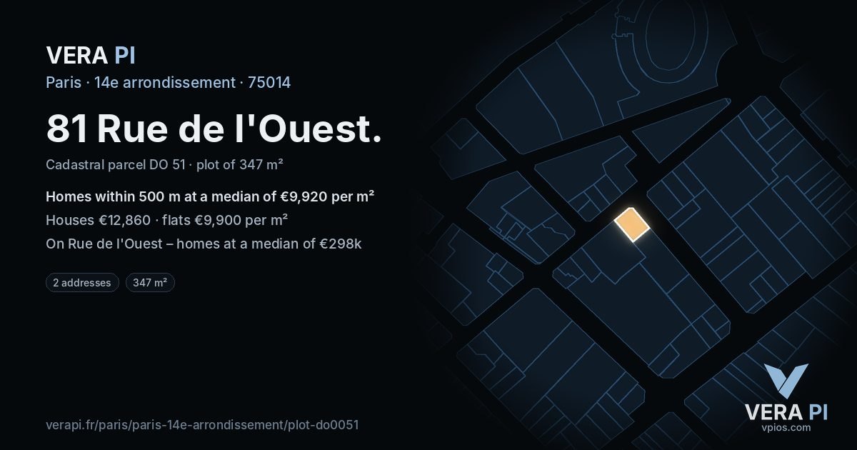 81 Rue de l'Ouest, 14e arrondissement at night – the plot lit, the parcels around coloured by the prices near them