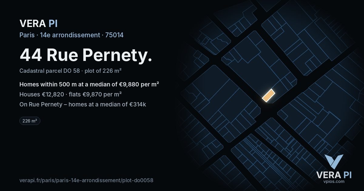 44 Rue Pernety, 14e arrondissement at night – the plot lit, the parcels around coloured by the prices near them