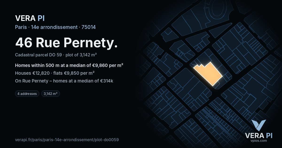 46 Rue Pernety, 14e arrondissement at night – the plot lit, the parcels around coloured by the prices near them