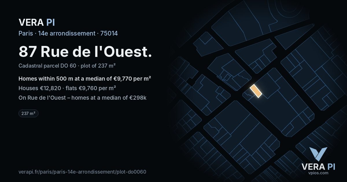 87 Rue de l'Ouest, 14e arrondissement at night – the plot lit, the parcels around coloured by the prices near them