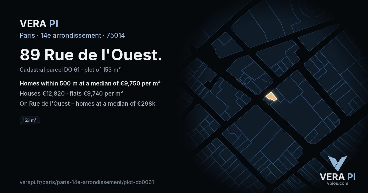89 Rue de l'Ouest, 14e arrondissement at night – the plot lit, the parcels around coloured by the prices near them