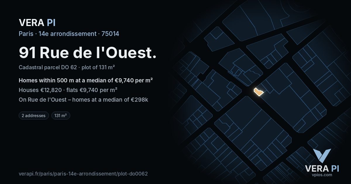 91 Rue de l'Ouest, 14e arrondissement at night – the plot lit, the parcels around coloured by the prices near them