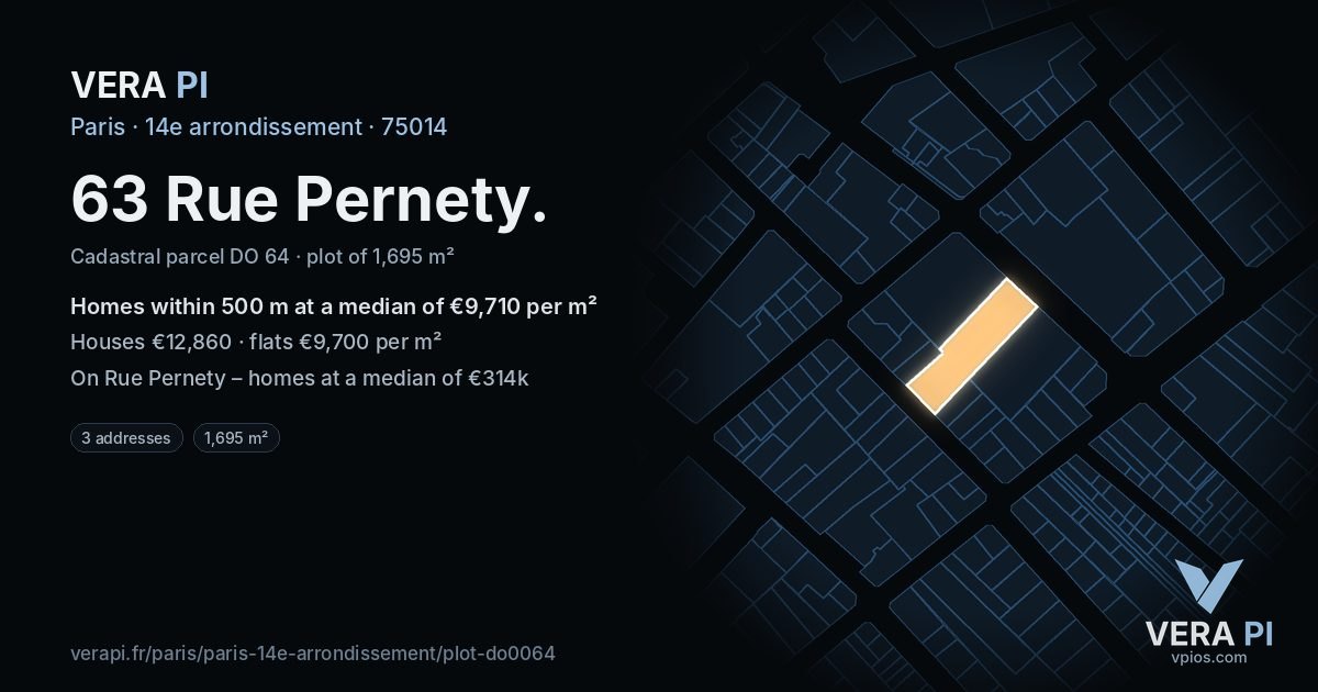 63 Rue Pernety, 14e arrondissement at night – the plot lit, the parcels around coloured by the prices near them