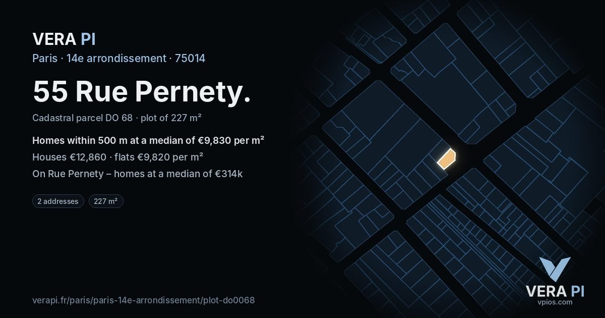 55 Rue Pernety, 14e arrondissement at night – the plot lit, the parcels around coloured by the prices near them