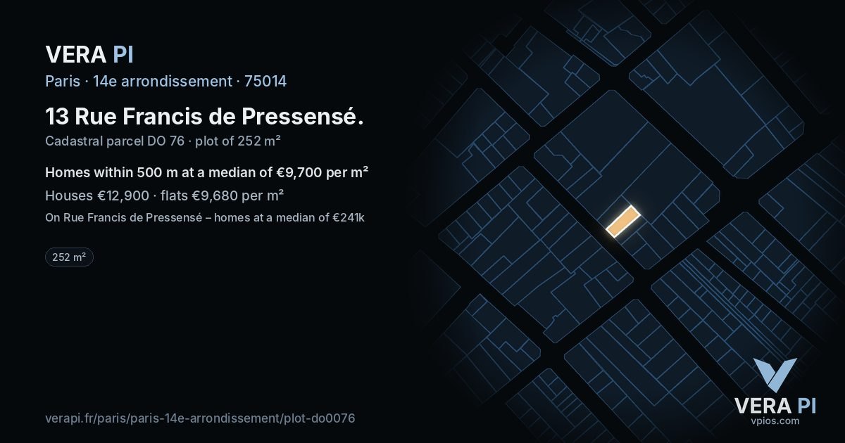 13 Rue Francis de Pressensé, 14e arrondissement at night – the plot lit, the parcels around coloured by the prices near them