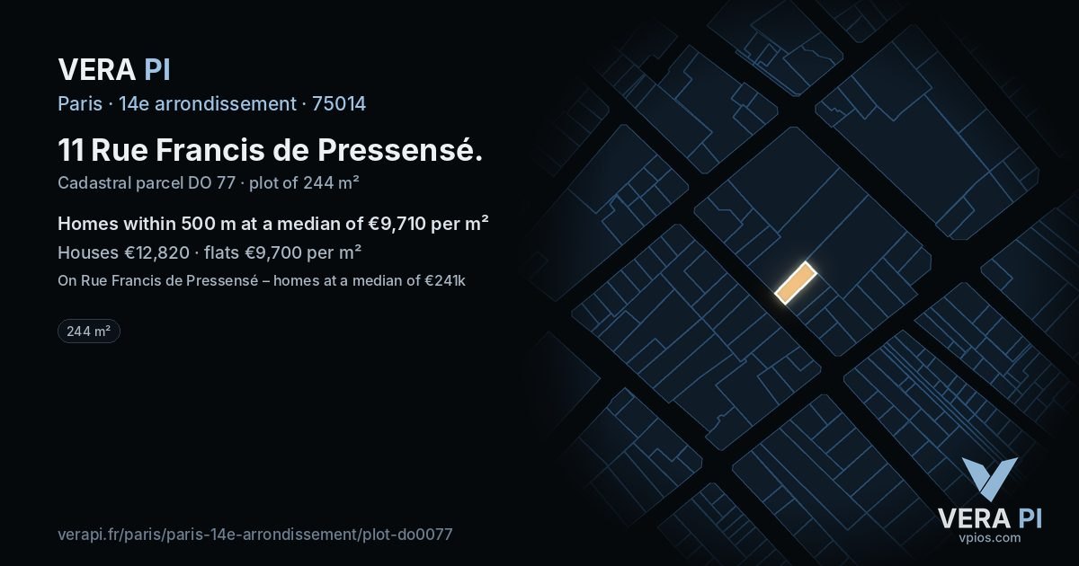 11 Rue Francis de Pressensé, 14e arrondissement at night – the plot lit, the parcels around coloured by the prices near them