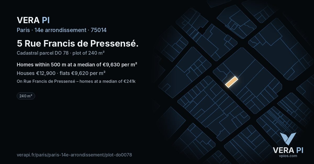 5 Rue Francis de Pressensé, 14e arrondissement at night – the plot lit, the parcels around coloured by the prices near them