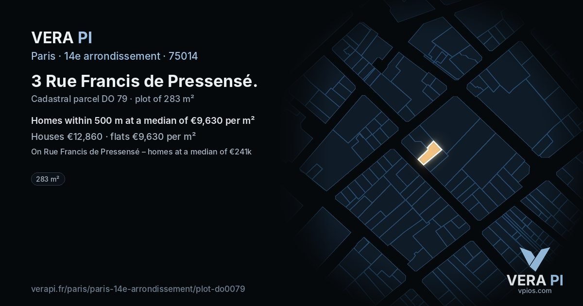 3 Rue Francis de Pressensé, 14e arrondissement at night – the plot lit, the parcels around coloured by the prices near them