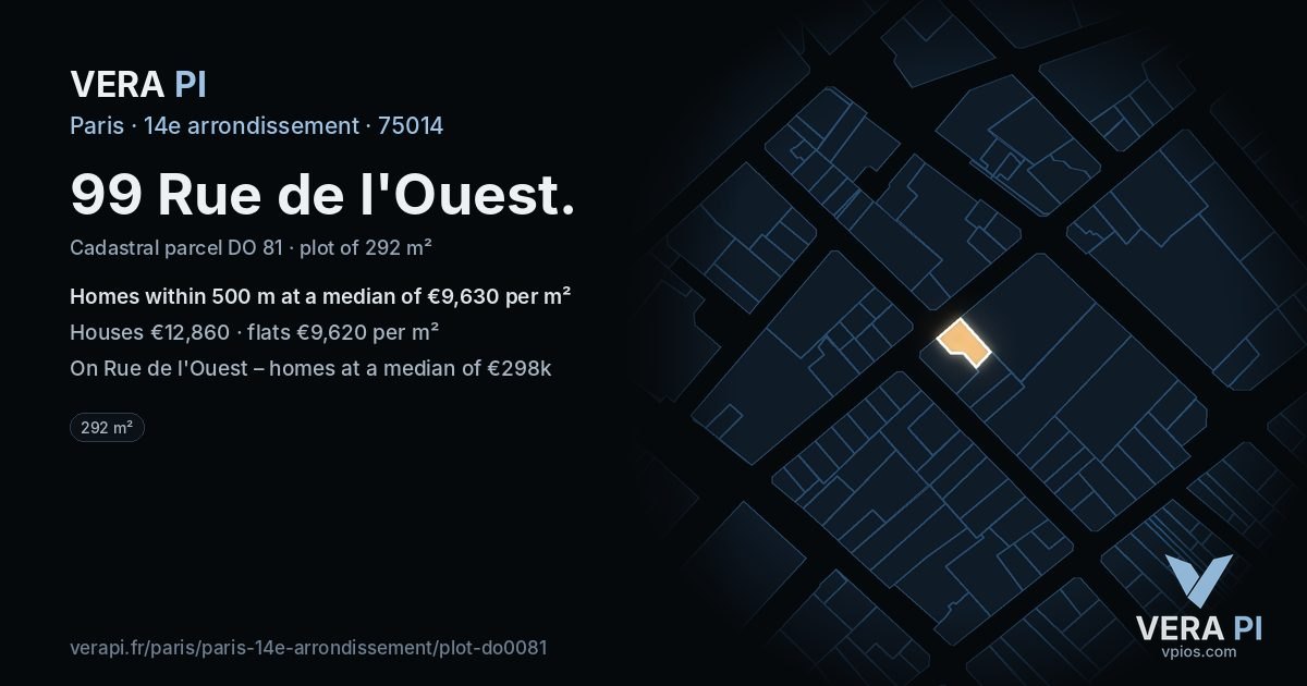 99 Rue de l'Ouest, 14e arrondissement at night – the plot lit, the parcels around coloured by the prices near them