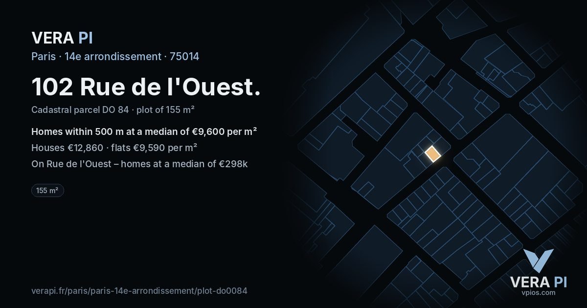 102 Rue de l'Ouest, 14e arrondissement at night – the plot lit, the parcels around coloured by the prices near them
