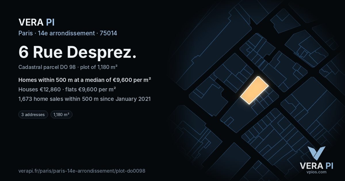 6 Rue Desprez, 14e arrondissement at night – the plot lit, the parcels around coloured by the prices near them
