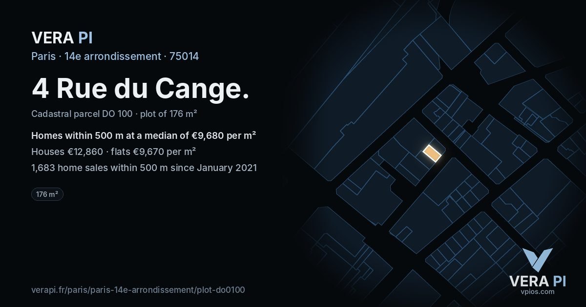 4 Rue du Cange, 14e arrondissement at night – the plot lit, the parcels around coloured by the prices near them