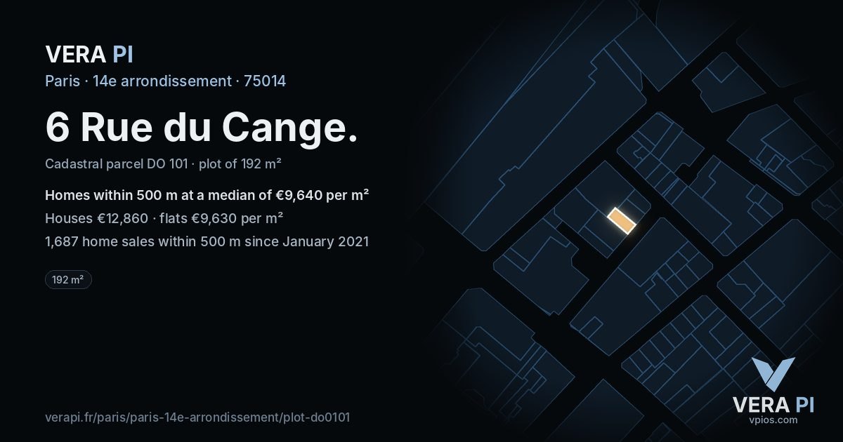 6 Rue du Cange, 14e arrondissement at night – the plot lit, the parcels around coloured by the prices near them