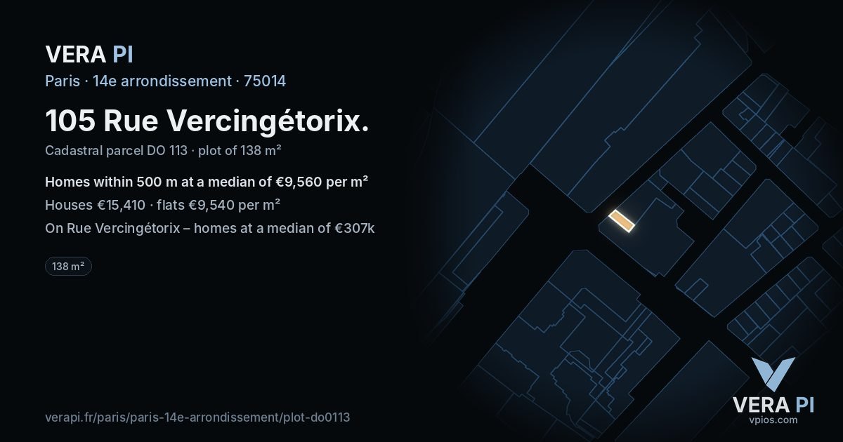 105 Rue Vercingétorix, 14e arrondissement at night – the plot lit, the parcels around coloured by the prices near them