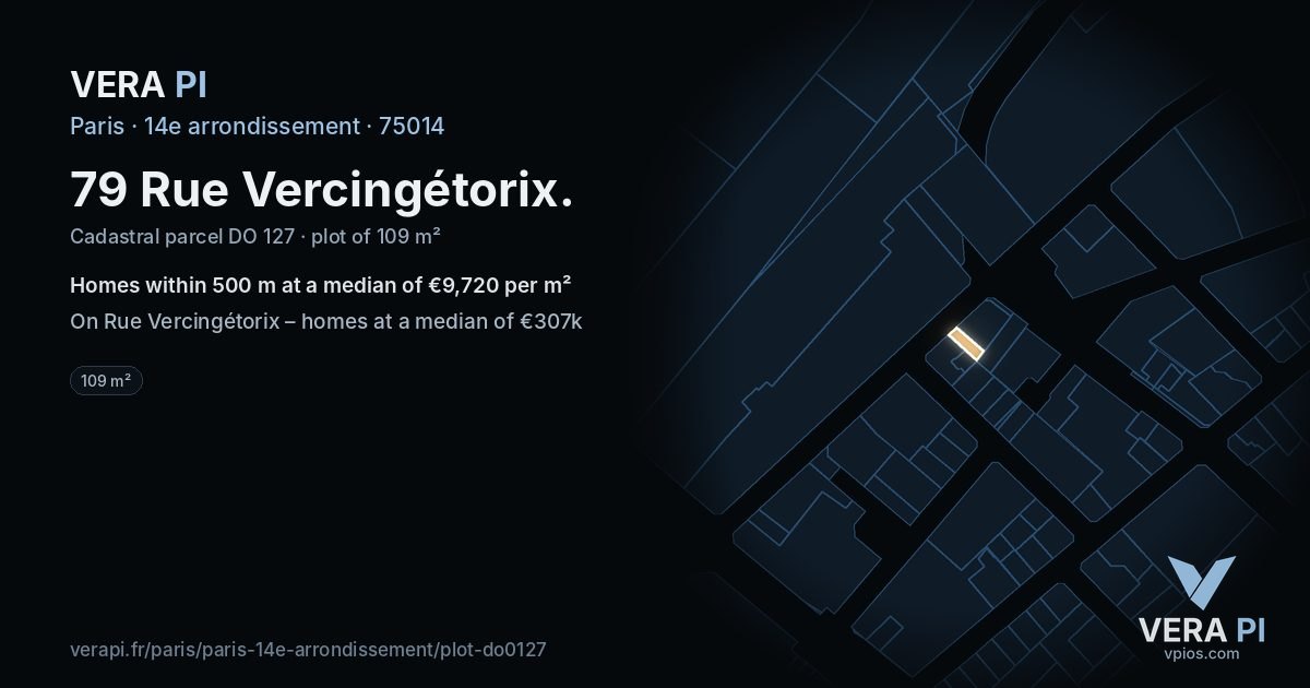 79 Rue Vercingétorix, 14e arrondissement at night – the plot lit, the parcels around coloured by the prices near them