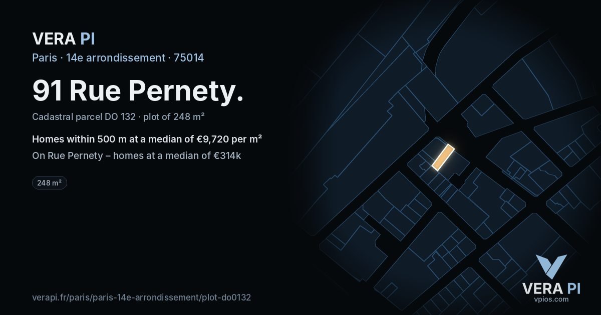 91 Rue Pernety, 14e arrondissement at night – the plot lit, the parcels around coloured by the prices near them