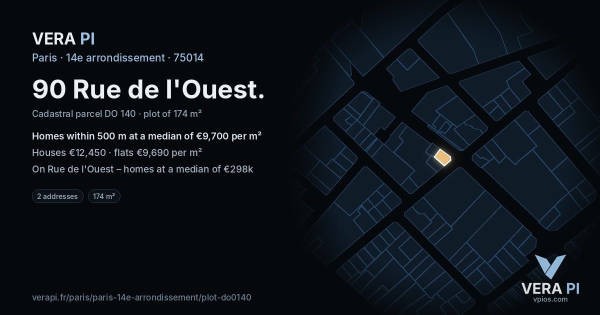 90 Rue de l'Ouest, 14e arrondissement at night – the plot lit, the parcels around coloured by the prices near them