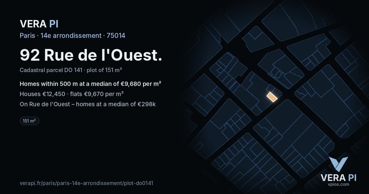 92 Rue de l'Ouest, 14e arrondissement at night – the plot lit, the parcels around coloured by the prices near them