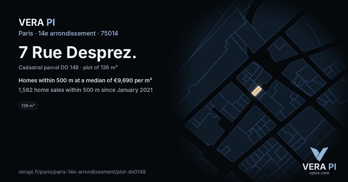7 Rue Desprez, 14e arrondissement at night – the plot lit, the parcels around coloured by the prices near them
