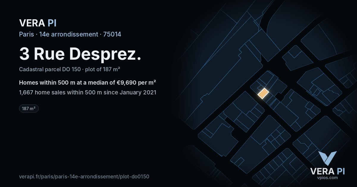 3 Rue Desprez, 14e arrondissement at night – the plot lit, the parcels around coloured by the prices near them