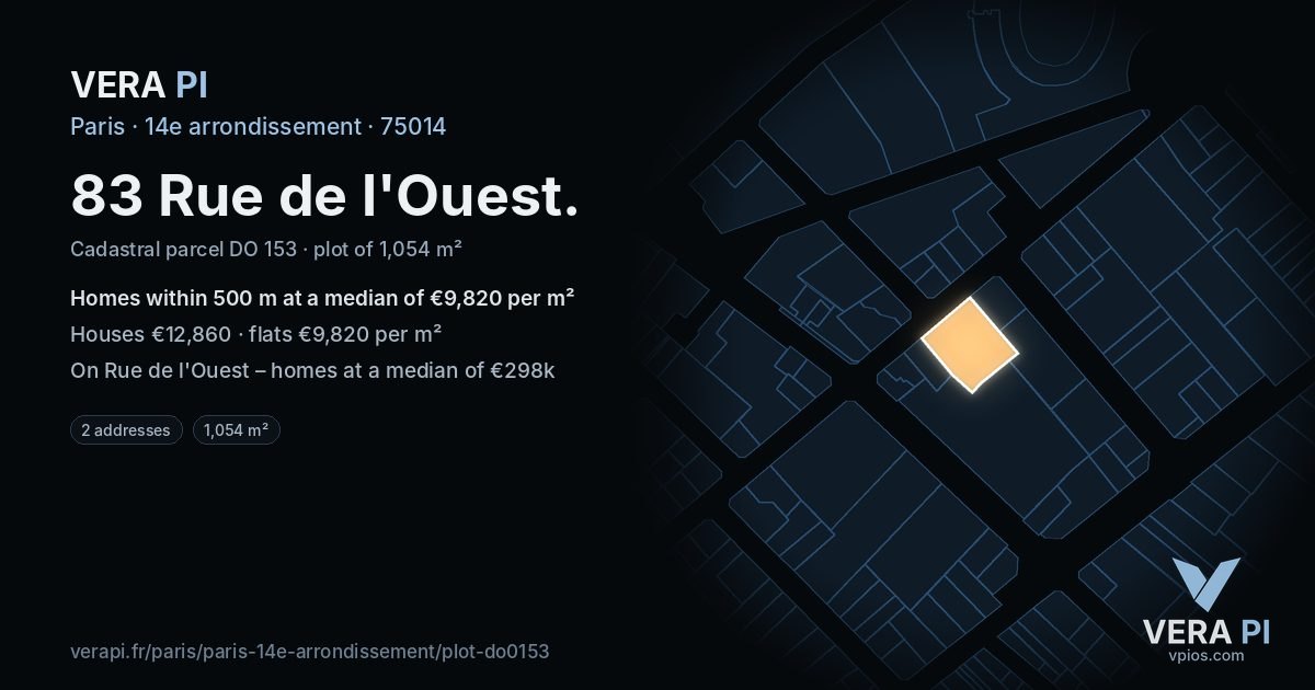 83 Rue de l'Ouest, 14e arrondissement at night – the plot lit, the parcels around coloured by the prices near them