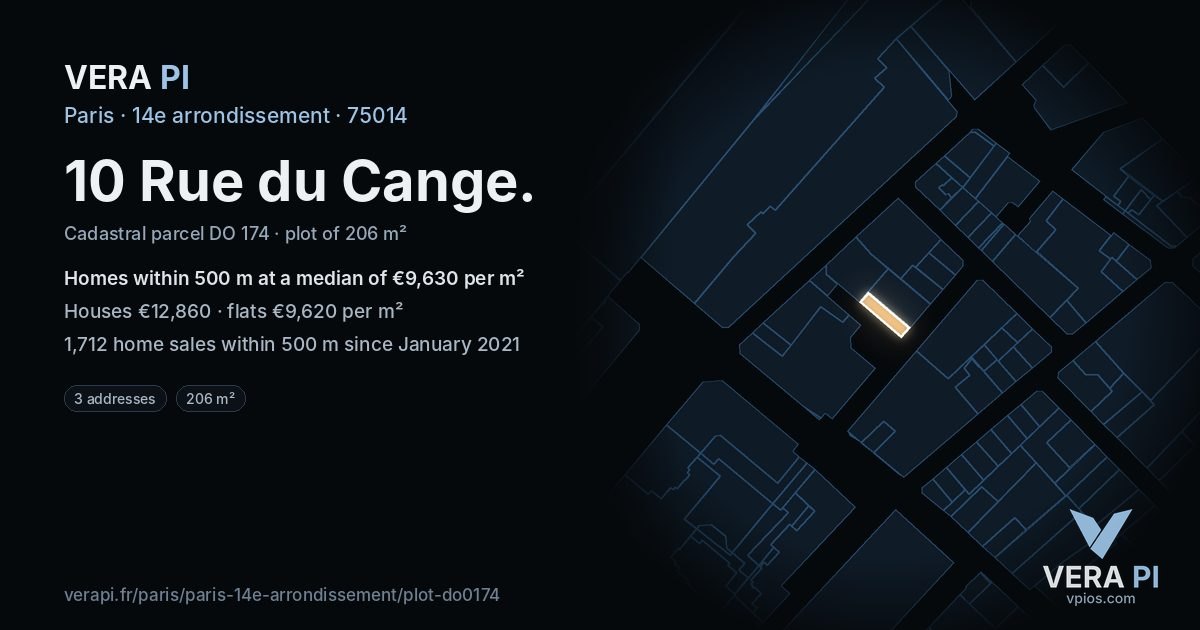 10 Rue du Cange, 14e arrondissement at night – the plot lit, the parcels around coloured by the prices near them