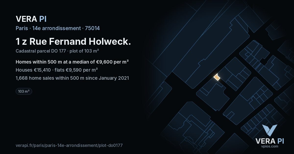 1 z Rue Fernand Holweck, 14e arrondissement at night – the plot lit, the parcels around coloured by the prices near them