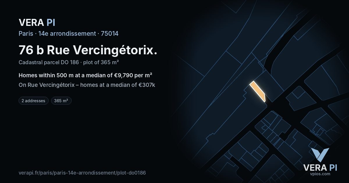 76 b Rue Vercingétorix, 14e arrondissement at night – the plot lit, the parcels around coloured by the prices near them