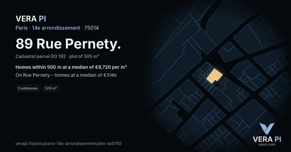 89 Rue Pernety, 14e arrondissement at night – the plot lit, the parcels around coloured by the prices near them