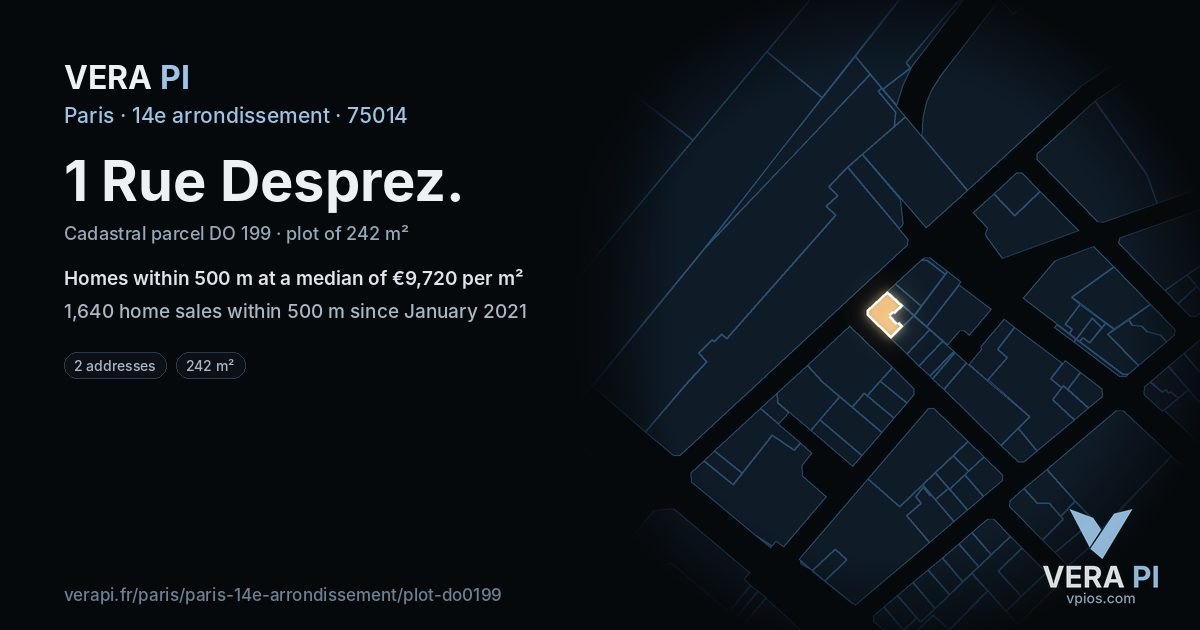 1 Rue Desprez, 14e arrondissement at night – the plot lit, the parcels around coloured by the prices near them