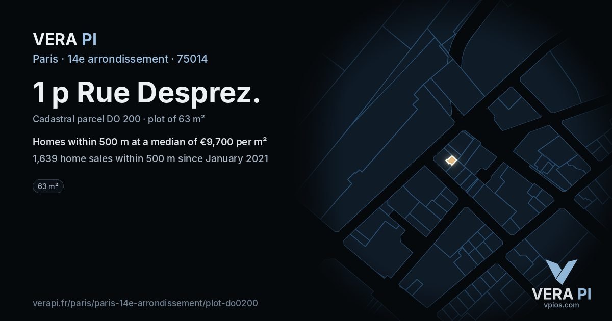 1 p Rue Desprez, 14e arrondissement at night – the plot lit, the parcels around coloured by the prices near them