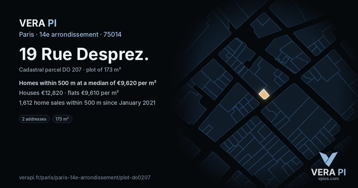 19 Rue Desprez, 14e arrondissement at night – the plot lit, the parcels around coloured by the prices near them