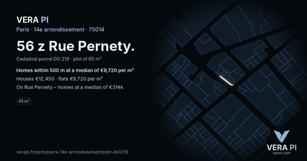 56 z Rue Pernety, 14e arrondissement at night – the plot lit, the parcels around coloured by the prices near them